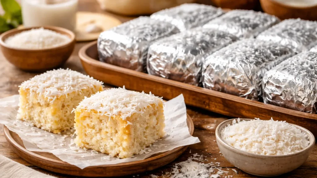 Bolo de coco gelado e embrulhado: ótima opção de bolo caseiro para vender