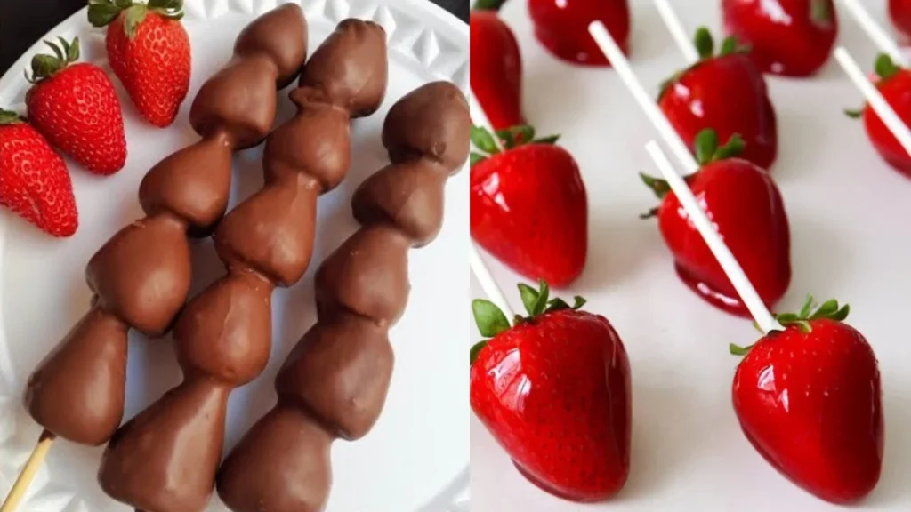 Morango do amor na versão clássica com calda brilhante e na versão com chocolate.