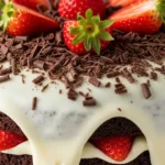 Bolo de chocolate com brigadeiro branco e morangos