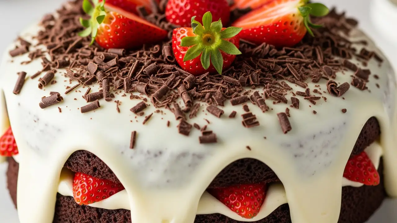 Bolo de chocolate com brigadeiro branco e morangos