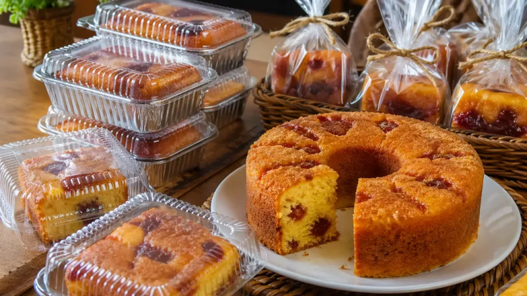 Bolo de fubá com goiabada embalado para vender