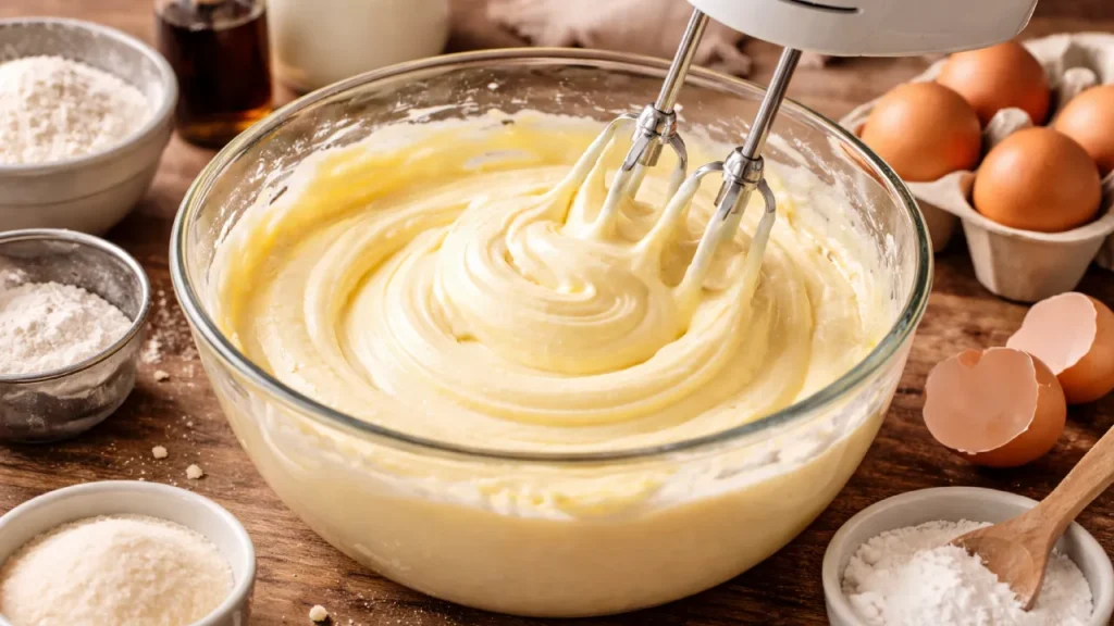 Batendo bem a massa para esse bolo simples ficar bem fofinho